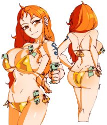  1girl 3amsoda ass bra breasts brown_eyes butt_crack earrings jewelry large_breasts long_hair money nami_(one_piece) one_piece red_hair thong underwear  rating:Questionable score:9 user:CovArd