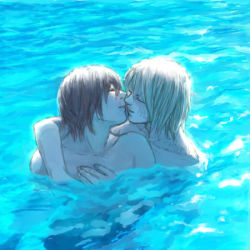  2boys blonde_hair closed_eyes death_note hug kiss lowres male_focus matt_(death_note) mello_(death_note) multiple_boys open_mouth red_hair shueisha water wet yaoi  rating:Sensitive score:32 user:cool_kat_1996