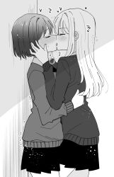  2girls blush breath closed_eyes commentary_request french_kiss from_side greyscale hachiko_(hati12) hand_on_another&#039;s_back hands_on_another&#039;s_face heart highres kiss long_hair long_sleeves monochrome multiple_girls original paid_reward_available pleated_skirt profile school_uniform shade short_hair skirt sweater tongue tongue_out trembling yuri 