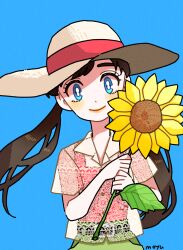  1girl blue_background blue_eyes brown_hair closed_mouth eyelashes flower fujishima_moyu green_skirt hat highres holding holding_flower lace_shirt long_hair looking_at_viewer original red_tank_top signature skirt smile solo straw_hat sun_hat sunflower tank_top very_long_hair yellow_flower 