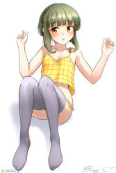  1girl bob_cut brown_eyes camisole full_body green_hair grey_thighhighs kantai_collection one-hour_drawing_challenge panties ray.s short_hair short_hair_with_long_locks sidelocks simple_background sitting solo takanami_(kancolle) thighhighs underwear white_background yellow_camisole yellow_panties 