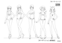  5girls absurdres bikini bikini_skirt bishoujo_senshi_sailor_moon bishoujo_senshi_sailor_moon_crystal bow breasts character_sheet cleavage dated earrings full_body hair_bow hair_ornament hand_on_own_hip highres jewelry long_hair looking_at_viewer monochrome multiple_girls navel official_art one-piece_swimsuit sandals scan short_hair side-tie_bikini_bottom size_comparison size_difference solo swimsuit toei_animation translation_request very_long_hair wide_hips 