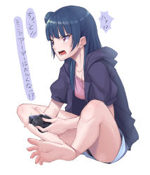 1girl absurdres bare_legs barefoot black_panties blouse blue_hair blunt_bangs breasts controller feet full_body ginopi hair_bun highres hood hoodie indian_style legs long_hair love_live! love_live!_sunshine!! open_mouth panties pantyshot pink_eyes pink_shirt playing_games shirt short_sleeves single_hair_bun single_side_bun sitting small_breasts soles solo spread_toes thighs toes tsushima_yoshiko underwear v-shaped_eyebrows rating:Questionable score:28 user:ssfl