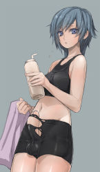  1girl bike_shorts blue_eyes blue_hair bottle breasts bulge copyright_request erection erection_under_clothes futanari highres matching_hair/eyes open_mouth penis precum short_hair simple_background solo sports_bra taishi_(picchiridou) testicles torn_clothes towel water_bottle  rating:Explicit score:148 user:xenoifsa