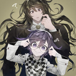  2boys ? arm_belt belt bespectacled black_scarf brown_jacket brown_sleeves checkered_clothes checkered_scarf closed_mouth coattails collared_jacket collared_shirt confused danganronpa_(series) danganronpa_v3:_killing_harmony dated fingernails glasses gokuhara_gonta green_background green_hair green_necktie hair_between_eyes hands_on_eyewear head_tilt height_difference jacket layered_sleeves light_particles long_hair long_sleeves looking_at_viewer male_focus messy_hair multiple_belts multiple_boys necktie oma_kokichi open_mouth purple_eyes purple_hair red_eyes round_eyewear scarf scratching_cheek shirt short_hair signature simple_background sleeves_past_wrists smile straight-on two-tone_scarf u_u_ki_u_u upper_body very_long_hair white_belt white_jacket white_scarf white_shirt white_sleeves 
