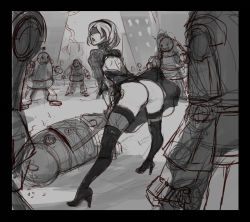  1girl absurdres android arched_back ass back_cutout black_border blindfold boots border clothing_cutout dress female_focus from_behind full_body hairband high_heel_boots high_heels highres holding holding_sword holding_weapon leaning_forward legs_apart leotard lips looking_back mole monochrome nier nier_(series) nier:automata open_mouth robot short_hair sketch solo_focus standing sword the_dirty_monkey thigh_boots thighhighs upskirt weapon 2b_(nier:automata) 