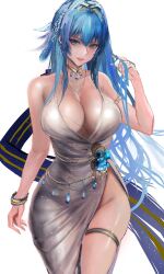  armlet bare_shoulders blue_eyes blue_hair breasts cleavage cocktail_dress collarbone dress feather_hair_ornament goddess_of_victory:_nikke hair_between_eyes hair_intakes hair_ornament helm_(chandelier)_(nikke) helm_(nikke) jewelry kyel_hyde large_breasts light_blush lips long_hair looking_at_viewer necklace official_alternate_costume white_dress wide_hips 