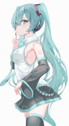  1girl absurdres aqua_eyes aqua_hair aqua_necktie aqua_trim armpits bare_shoulders black_skirt breasts closed_mouth collared_shirt cowboy_shot detached_sleeves from_side grey_background grey_shirt hair_between_eyes hatsune_miku headset highres kawasuru_(15miclon) lace lace-trimmed_shirt lace_trim long_hair looking_at_viewer medium_breasts microphone miniskirt necktie pleated_skirt pout shirt sideboob sideways_glance simple_background skirt sleeveless sleeveless_shirt solo thighhighs twintails very_long_hair vocaloid wing_collar zettai_ryouiki 