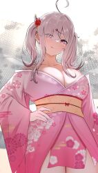  1girl ahoge breasts cleavage floral_print_kimono hand_on_own_hip highres japanese_clothes kimono large_breasts long_hair nijisanji pink_eyes pink_hair pink_kimono short_kimono solo sukoya_kana tchai_covsky tongue twintails virtual_youtuber  rating:Sensitive score:14 user:danbooru