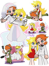  10s 1boy 1girl aftersex alternate_hairstyle blonde_hair blue_eyes blush brief_(psg) carrying couple dress freckles green_eyes grin holding_hands headphones hetero long_hair official_style open_mouth orange_hair panty_&amp;_stocking_with_garterbelt panty_(psg) princess_carry red_dress red_hair ruei_(chicking) short_hair smile tuxedo veil wedding wedding_dress  rating:Sensitive score:20 user:Furio