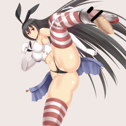 1girl ass ball_busting bar_censor bare_arms bare_hips bare_shoulders barrel bdsm black_hair breasts cbt censored commentary_request cosplay crotch_kick cum disembodied_penis drum g-string grey_background instrument kantai_collection kicking large_breasts long_hair nagato_(kancolle) navel panties penis pink_background red_eyes rokushiru_(muzai-p) shimakaze_(kancolle) shimakaze_(kancolle)_(cosplay) simple_background skirt solo striped_clothes striped_thighhighs thighhighs thong underwear unworn_skirt very_long_hair rating:Explicit score:15 user:danbooru