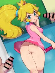  1girl 2boys aqua_eyes ass bar_censor blonde_hair censored chiwino commission crown dress earrings from_behind highres jewelry male_masturbation mario_(series) mario_tennis masturbation multiple_boys nintendo no_panties parted_lips penis pink_dress pixiv_commission ponytail princess_peach racket short_dress sphere_earrings tennis_racket 