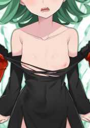 1boy 1girl breasts fantasy gloves glowing green_hair head_out_of_frame highres magic morisobo nipples no_bra one-punch_man open_mouth psychic pulling_another&#039;s_clothes short_hair simple_background small_breasts tatsumaki torn_clothes undressing_another white_background rating:Questionable score:685 user:danbooru