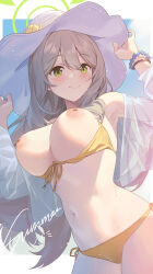 1girl absurdres airseal bare_shoulders bikini blue_archive blush bracelet breasts breasts_out cleavage closed_mouth cowboy_shot day flower green_eyes hair_between_eyes halo hat hat_flower highres jacket jewelry large_breasts light_brown_hair long_hair long_sleeves looking_at_viewer navel nipples nonomi_(blue_archive) nonomi_(swimsuit)_(blue_archive) open_clothes open_jacket see-through see-through_jacket smile solo string_bikini sun_hat swimsuit white_hat yellow_bikini rating:Questionable score:49 user:danbooru