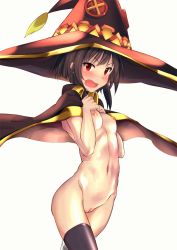 10s 1girl :o bad_id bad_pixiv_id black_thighhighs breasts brown_hair brown_hat button_eyes buttons cape collarbone groin hands_on_own_chest hat jinramu kono_subarashii_sekai_ni_shukufuku_wo! looking_at_viewer megumin naked_cape navel nipples nude open_mouth pussy red_eyes short_hair small_breasts solo stomach tassel thighhighs uncensored walking witch_hat rating:Explicit score:108 user:danbooru