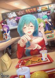  2boys 6+girls aqua_hair bag bare_shoulders blush brown_footwear burger character_request chicken_nuggets closed_mouth commentary cup disposable_cup dropping earrings eating eirika_(fire_emblem) employee_uniform english_commentary closed_eyes fast_food fast_food_uniform fire_emblem fire_emblem:_the_sacred_stones fire_emblem_heroes food food_on_face french_fries hair_between_eyes handbag highres holding holding_food ippers jewelry long_hair menu multiple_boys multiple_girls nintendo off-shoulder off-shoulder_sweater off_shoulder open_mouth outstretched_hand pointing red_sweater restaurant salad school_uniform serafuku smile soft_drink sweater table tile_floor tiles tray uniform visor_cap white_legwear  rating:Sensitive score:9 user:danbooru
