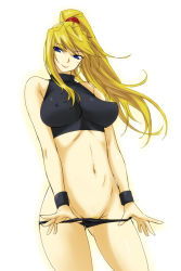 1girl alternate_hairstyle bare_shoulders blonde_hair blue_eyes blush breasts covered_erect_nipples cowboy_shot female_pubic_hair groin hair_up halterneck head_tilt high_ponytail impossible_clothes large_breasts light_smile long_hair looking_at_viewer metroid michael_f91 naughty_face navel nintendo outline panties panty_pull perky_breasts ponytail pubic_hair pulled_by_self samus_aran scrunchie sidelocks simple_background smile solo sports_bra super_metroid turtleneck underwear underwear_only undressing white_background wristband rating:Questionable score:109 user:danbooru
