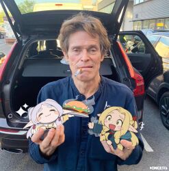  ! 1boy 3girls :3 =_= blonde_hair blue_robe blush_stickers burger car chibi cigarette closed_eyes closed_mouth commentary crossover day dungeon_meshi elf elf-san_wa_yaserarenai. english_commentary erufuda-san food frieren green_eyes highres holding holding_plate long_hair long_pointy_ears looking_at_viewer low_twintails marcille_donato motor_vehicle mouth_hold multiple_crossover multiple_girls old old_man once_11h outdoors parted_bangs photo_(medium) photo_background plate pointy_ears real_life robe smile sousou_no_frieren twintails upper_body white_hair willem_dafoe 