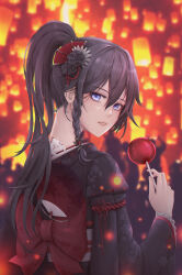  1girl absurdres black_hair black_kimono blue_eyes bow braid candy candy_apple commentary english_commentary eun_(eunice) festival flower food from_behind fu_hua hair_between_eyes hair_flower hair_ornament high_ponytail highres holding holding_candy holding_food honkai_(series) honkai_impact_3rd japanese_clothes kimono lace-trimmed_sleeves lace_trim long_hair looking_at_viewer nape parted_lips red_bow red_rope rope sash single_braid smile solo_focus upper_body white_sash wide_sleeves 