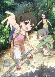  3girls :d absurdres backpack bag bare_shoulders black_hair blush brown_hair chain collarbone forest full_body glasses green_eyes hair_ornament hairclip highres kuraue_hinata long_hair looking_at_viewer multiple_girls nature non-web_source official_art open_mouth outdoors outstretched_arm outstretched_arms outstretched_hand pulling purple_eyes saitou_kaede_(yama_no_susume) scan shoes short_hair shorts sleeveless smile tree twintails yama_no_susume yonemori_yuki yukimura_aoi 