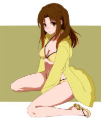  00s 1girl breasts brown_eyes brown_hair cleavage kneeling long_hair medium_breasts navel solo tsukihime ue-sita yellow_background yumizuka_satsuki 