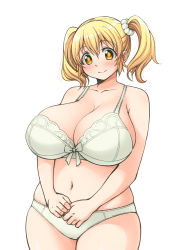  1girl blonde_hair blush bra breasts cleavage headphones highres huge_breasts looking_at_viewer navel nitroplus open_mouth orange_eyes panties pas_(paxiti) plump revision short_hair simple_background smile solo standing super_pochaco thick_thighs thighs twintails underwear underwear_only white_background white_bra wide_hips  rating:Questionable score:39 user:danbooru