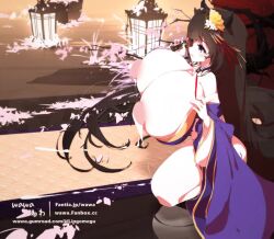  1girl absurdly_long_hair animal_ears animated azur_lane bachi blush bouncing_breasts breasts brown_hair cow_ears cow_girl cow_horns curvy flower gigantic_breasts hair_flower hair_ornament hair_ribbon horns huge_breasts huge_nipples indoors japanese_clothes kashino_(azur_lane) kashino_(robust_floral_strings)_(azur_lane) kimono lactation large_areolae long_hair looping_animation official_alternate_costume plectrum plump projectile_lactation puffy_nipples purple_eyes ribbon shiny_skin solo tagme thick_thighs thighs very_long_hair video watermark wawa_(lingomogu) wide_hips wide_sleeves 
