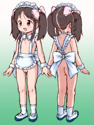 1girl :d apron ass back bad_id bad_pixiv_id blush body_blush bottomless bow bowtie brown_eyes brown_hair character_sheet cleft_of_venus flat_chest full_body gradient_background green_background groin hair_bow happy lasto legs loli looking_at_viewer maid_headdress multiple_views naked_apron nipple_slip nipples open_mouth original pussy shoes simple_background small_areolae small_nipples smile socks standing twintails uncensored uwabaki wrist_cuffs rating:Explicit score:192 user:danbooru