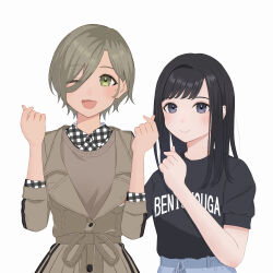  2girls absurdres black_eyes black_hair black_shirt blue_skirt blush brown_coat brown_hair brown_sweater_vest closed_mouth coat commentary_request cowboy_shot double_finger_heart ear_piercing earrings finger_heart girls_band_cry highres jewelry long_hair looking_at_viewer mole mole_under_eye multicolored_hair multiple_girls omochi_tabeyo97 one_eye_closed open_mouth piercing plaid plaid_shirt real_life roots_(hair) rupa_(girls_band_cry) shirt short_sleeves shuri_(voice_actor) simple_background skirt smile sweater_vest voice_actor voice_actor_connection white_background white_shirt yellow_eyes 