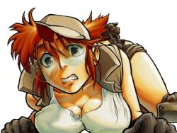  1girl all_fours breasts brown_eyes cleavage fio_germi glasses hat huge_breasts large_breasts metal_slug red_hair snk solo sweat  rating:Questionable score:21 user:fucktacular