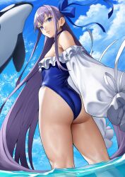  1girl absurdres ass back bare_shoulders blue_eyes blue_ribbon blue_sky breasts choker closed_mouth fate/grand_order fate_(series) frilled_one-piece_swimsuit frills hair_ribbon highleg highleg_swimsuit highres long_hair long_sleeves looking_back meltryllis meltryllis_(fate) meltryllis_(swimsuit_lancer)_(fate) meltryllis_(swimsuit_lancer)_(second_ascension)_(fate) off-shoulder_one-piece_swimsuit off_shoulder one-piece_swimsuit orca puffy_sleeves purple_hair revision ribbon sky sleeves_past_fingers sleeves_past_wrists small_breasts swimsuit thighs very_long_hair wading white_ribbon yoshio_(55level) 
