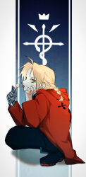  1boy 8kcud ahoge automail black_footwear black_pants blonde_hair braid candy edward_elric flamel_symbol food fullmetal_alchemist highres holding holding_candy holding_food holding_lollipop hood hood_down hooded_jacket jacket lollipop long_sleeves looking_at_viewer male_focus orange_eyes pants red_jacket shoes simple_background single_braid solo squatting tongue tongue_out 