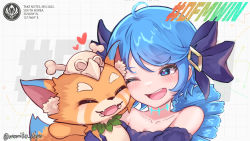 1boy 1girl :d ahoge animal_ear_fluff artist_name black_bow black_dress black_sleeves blue_hair bow breasts cleavage collarbone detached_sleeves dress fangs gnar_(league_of_legends) green_eyes gwen_(league_of_legends) hair_bow heart highres holding_person league_of_legends momikodayo one_eye_closed open_mouth puffy_short_sleeves puffy_sleeves shiny_hair short_sleeves skull_on_head small_breasts smile strapless strapless_dress teeth tongue upper_teeth_only yordle rating:Sensitive score:11 user:danbooru