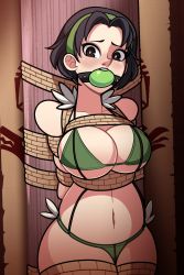 1girl arms_behind_back ball_gag belly bikini black_hair bound bound_arms bound_legs breast_bondage breasts brown_eyes cleavage commentary dankestofdans english_commentary gag gagged green_bikini green_hairband hairband highres large_breasts looking_at_viewer monster_hunter monster_hunter:_world monster_hunter_(series) navel rope serious_handler short_hair solo swimsuit teeth thick_thighs thighs tied_to_stake underboob upper_teeth_only rating:Questionable score:70 user:danbooru