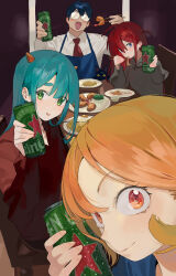  1boy 3girls ahoge apron aqua_hair beer_can blonde_hair blue_eyes brand_name_imitation brown_shirt can cat chaucer_(some1else45) chopsticks closed_mouth collared_shirt drink_can eating elbow_rest food glasses green_eyes heineken highres hipa_(some1else45) holding holding_can horns indoors long_hair looking_at_viewer multiple_girls nahia_(some1else45) necktie noodles opaque_glasses open_mouth original red_eyes red_necktie red_shirt sekoshi_(some1else45) shirt short_hair shrimp sitting smile some1else45 spoon table thick_eyebrows 