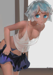 1girl :/ absurdres bare_arms bare_shoulders bent_over black_panties blue_eyes blunt_bangs breasts camisole clothes_pull dark-skinned_female dark_skin downblouse eyelashes highres kamachi_kamachi-ko leaning_forward looking_at_viewer no_bra open_clothes open_skirt original panties purple_skirt see-through short_hair signature silver_hair skirt skirt_pull solo tan tank_top thong undershirt underwear undressing rating:Questionable score:80 user:danbooru