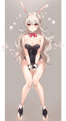  1girl absurdres alternate_costume animal_ears bare_shoulders black_gloves black_leotard blush bow bowtie breasts cleavage closed_mouth collarbone commentary corrin_(female)_(fire_emblem) corrin_(fire_emblem) detached_collar fake_animal_ears feet fire_emblem fire_emblem_fates gloves hair_between_eyes haru_(nakajou-28) highres jewelry large_breasts leotard long_hair looking_at_viewer nintendo own_hands_together playboy_bunny rabbit_ears red_bow red_bowtie red_eyes silver_hair sitting smile solo strapless strapless_leotard symbol-only_commentary toe_ring toeless_legwear toenails toes very_long_hair wavy_hair wrist_cuffs  rating:Sensitive score:58 user:danbooru