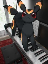  animal animal_ears animal_feet animal_focus black_fur closed_mouth colored_sclera creatures_(company) facial_mark fluffy forehead_mark game_freak gen_2_pokemon indoors instrument looking_at_viewer nagasaki_wonderful nintendo no_humans piano piano_bench piano_keys pokemon pokemon_(creature) red_carpet red_sclera sheet_music standing tail umbreon window 