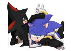  2boys alternate_costume formal gloves green_eyes highres looking_at_viewer male_focus multiple_boys red_eyes shadow_the_hedgehog simple_background sonic_(series) sonic_the_hedgehog suit tongue tongue_out trapped white_background white_gloves yicuojinan 