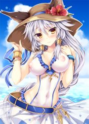  10s 1girl animal_ears armlet belt blue_ribbon blue_sky blush bracelet braid breasts cleavage closed_mouth clothing_cutout cloud collarbone covered_erect_nipples cowboy_shot crystal day ears_through_headwear embarrassed erune eyebrows flower frills gluteal_fold granblue_fantasy hair_between_eyes hair_tubes hand_on_headwear hat hat_flower hat_ribbon heles heles_(summer)_(granblue_fantasy) hibiscus jewelry large_breasts long_hair looking_at_viewer nipples one-piece_swimsuit red_flower ribbon sarong see-through side_cutout silver_hair single_braid sky solo swimsuit tateha_(marvelous_grace) very_long_hair white_one-piece_swimsuit yellow_eyes  rating:Questionable score:23 user:danbooru
