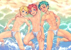  3boys :d abs arm_around_neck arm_behind_head arm_up armpits barefoot beach blonde_hair blue_eyes bulge caustics collarbone commentary_request day feet from_above fundoshi fuwatoro_(i7mnoehere) green_hair groin hand_on_another&#039;s_thigh hand_on_own_stomach hand_up highres japanese_clothes knee_up looking_at_viewer looking_up lying male_focus male_underwear multiple_boys navel nipples on_back on_ground open_mouth original outdoors parted_bangs partially_submerged pectorals red_eyes red_hair sand short_hair side-by-side smile sparkle spiked_hair spread_legs toned toned_male underwear underwear_only water wet wet_clothes wet_fundoshi wet_male_underwear yaoi  rating:Questionable score:23 user:danbooru