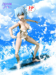1girl action_figure aijzeni barefoot beach blue_hair breasts completely_nude convenient_censoring embarrassed exhibitionism forest_summer_fantasy_girls heterochromia huge_breasts model_kit navel nude nuke_matrix open_mouth photo_(medium) public_indecency short_hair sky surfboard surfing toy