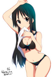  1girl akiyama_mio arm_up bare_shoulders bikini black_bikini black_eyes black_hair blush breasts cleavage clothes_lift commentary_request dated front-tie_top hime_cut k-on! long_hair looking_at_viewer medium_breasts mouth_hold navel official_style ragho_no_erika shirt shirt_lift signature solo swimsuit white_shirt  rating:Sensitive score:53 user:danbooru