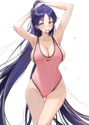 1girl absurdres ameyame armpits arms_behind_head arms_up bare_shoulders blush breasts cleavage closed_mouth collarbone covered_navel fate/grand_order fate_(series) hair_between_eyes highleg highleg_swimsuit highres large_breasts long_hair looking_at_viewer minamoto_no_raikou_(fate) mouth_hold one-piece_swimsuit parted_bangs pink_one-piece_swimsuit purple_eyes purple_hair sideboob simple_background solo swimsuit thighs tying_hair very_long_hair wet white_background rating:Sensitive score:135 user:danbooru