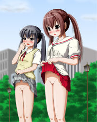 00s 2girls black_hair blush brown_eyes brown_hair building censored clothes_lift cloud crossover exhibitionism feet_out_of_frame female_focus hair_between_eyes k-on! lamppost lifting_own_clothes loli long_hair look-alike medium_hair minami-ke minami_kana mosaic_censoring multiple_girls nakano_azusa no_panties open_mouth outdoors plaid plaid_skirt pleated_skirt public_indecency pussy red_skirt sailor_collar school_uniform serafuku sidelocks skirt skirt_lift sky standing sweater_vest takapi_(chimee_house) thighs tree twintails