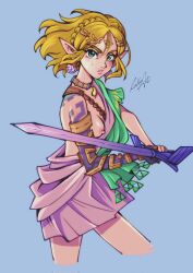  1girl blue_eyes body_markings breasts brown_hair choker nintendo one_breast_out pointy_ears princess_zelda rinkuuart sword the_legend_of_zelda the_legend_of_zelda:_tears_of_the_kingdom tiara tunic weapon  rating:Explicit score:4 user:CovArd
