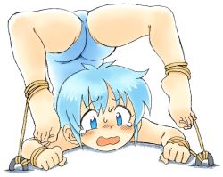 1girl ass barefoot bdsm blue_eyes blue_hair blush bondage bound chest_stand crying feet flexible matching_hair/eyes oyatsu_(mk2) rope short_hair solo tears toes wrists_to_ankles rating:Questionable score:58 user:buuda
