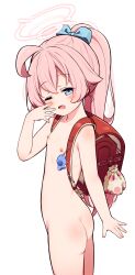 1girl ahoge ass backpack bag bag_charm blue_archive blue_bow blue_eyes blush bow brown_scrunchie charm_(object) collarbone female_focus flat_chest hair_between_eyes hair_bow halo hand_up highres hoshino_(blue_archive) loli long_hair nipples nude one_eye_closed open_mouth pink_hair ponytail randoseru scrunchie setmen sleepy solo twisted_torso wavy_mouth wrist_scrunchie yawning rating:Questionable score:146 user:danbooru