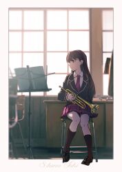  1girl absurdres bang_dream! bang_dream!_it&#039;s_mygo!!!!! black_footwear black_jacket black_socks brown_hair character_name closed_mouth commentary full_body highres holding holding_instrument indoors instrument jacket loafers long_hair mole mole_under_eye music_stand necktie pleated_skirt purple_eyes purple_necktie purple_skirt raito_taisha school_uniform shiina_taki shoes skirt socks solo trumpet 