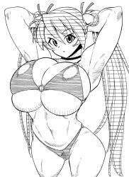 1girl arms_behind_head arms_up bad_source bikini breasts highres hokuto_(tokuho) huge_breasts kagurazaka_asuna long_hair looking_at_viewer mahou_sensei_negima! monochrome muscular muscular_female solo swimsuit twintails very_long_hair